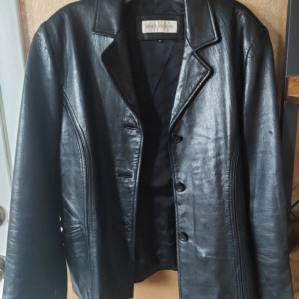 Jones New York Button Front Black Leather Jacket - Medium